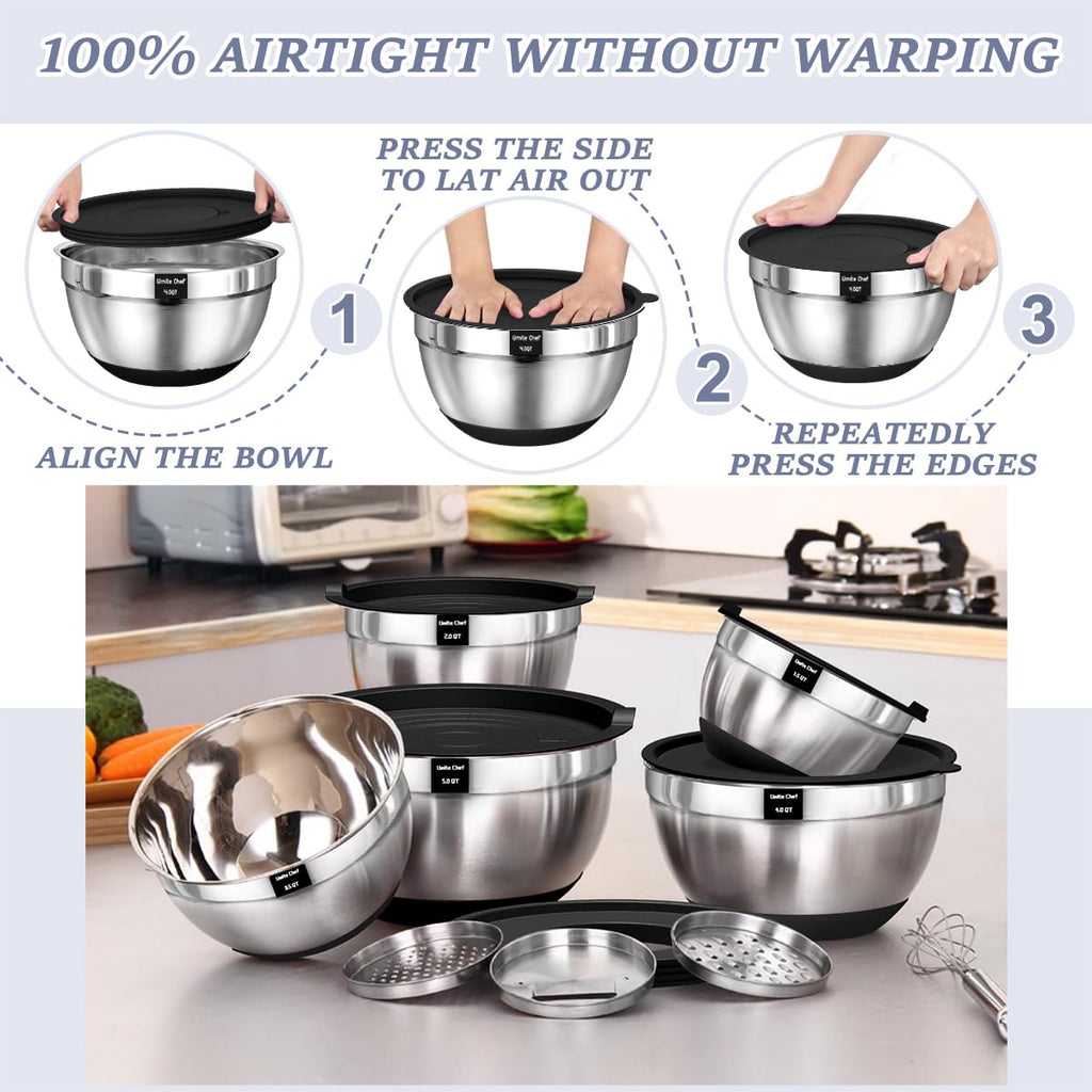 Umite Chef Mixing Bowls with Airtight Lids, 8PCS Stainless Steel Nesting Mixing Bowls Set, 3 Grater Attachments & Non-Slip Bottoms, Black Kitchen Bowls, Size 5, 4, 3.5, 2, 1.5QT for Baking & Serving