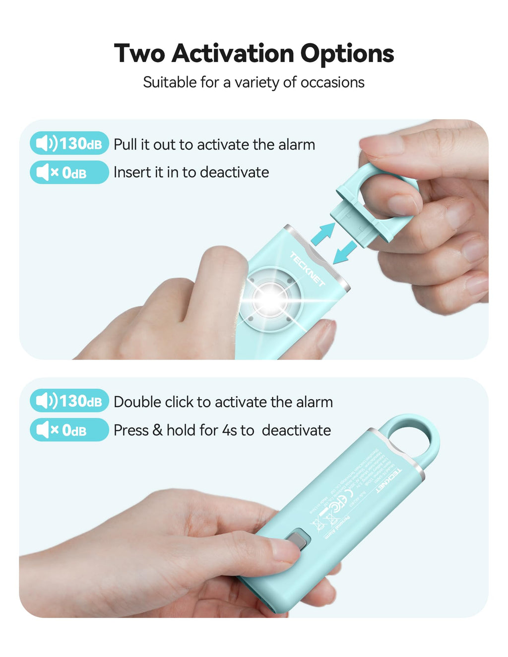 TECKNET Rechargeable Personal Safety Alarm for Women, 130dB Self Defense Keychain Alarm with SOS Strobe Light, Low Battery Notice, Personal Alarm Loud Siren Safety Keychain for Girls Kids Elderly