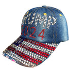 Gamusi Trump 2024 Baseball Cap Denim Distressed Bling Rhinestone Hat USA Flag Cap Adjustable Unisex (2024 Flag)