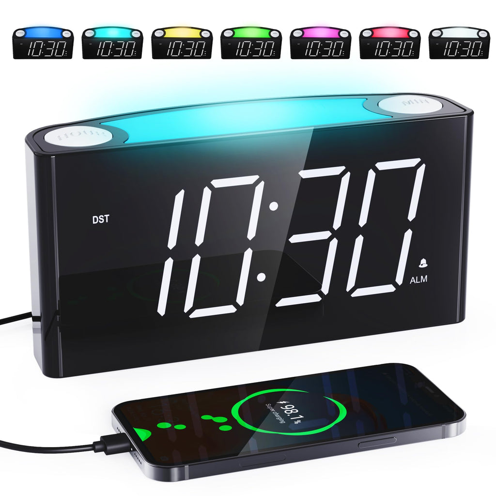 Digital Alarm Clock,7.5" Big LED Display & Full Dimmer,USB Cellphone Chargers,7-Color Night Light,Adjustable Volume,12/24 H,Plug-in Easy to Set Alarm Clock for Kids Elderly Bedside Desk Kitchen Office