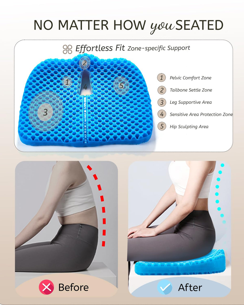 Anzeng Gel Seat Cushion for Long Sitting & Hip Pain Relief (Large Size) - Cooling 3D Cushions for Office Chair, Car, Wheelchair, Breathable & Non-Slip Cover with Pressure Relief Technology