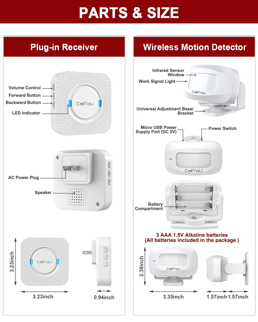 CallToU Bed Sensor Alarm and Fall Prevention for Elderly Wireless Caregiver Pager Motion Sensor&Detector Alert Monitor System 500FT for Home/Elderly/Patient/Dementia 1 Plug-in Receiver 1 Motion Sensor
