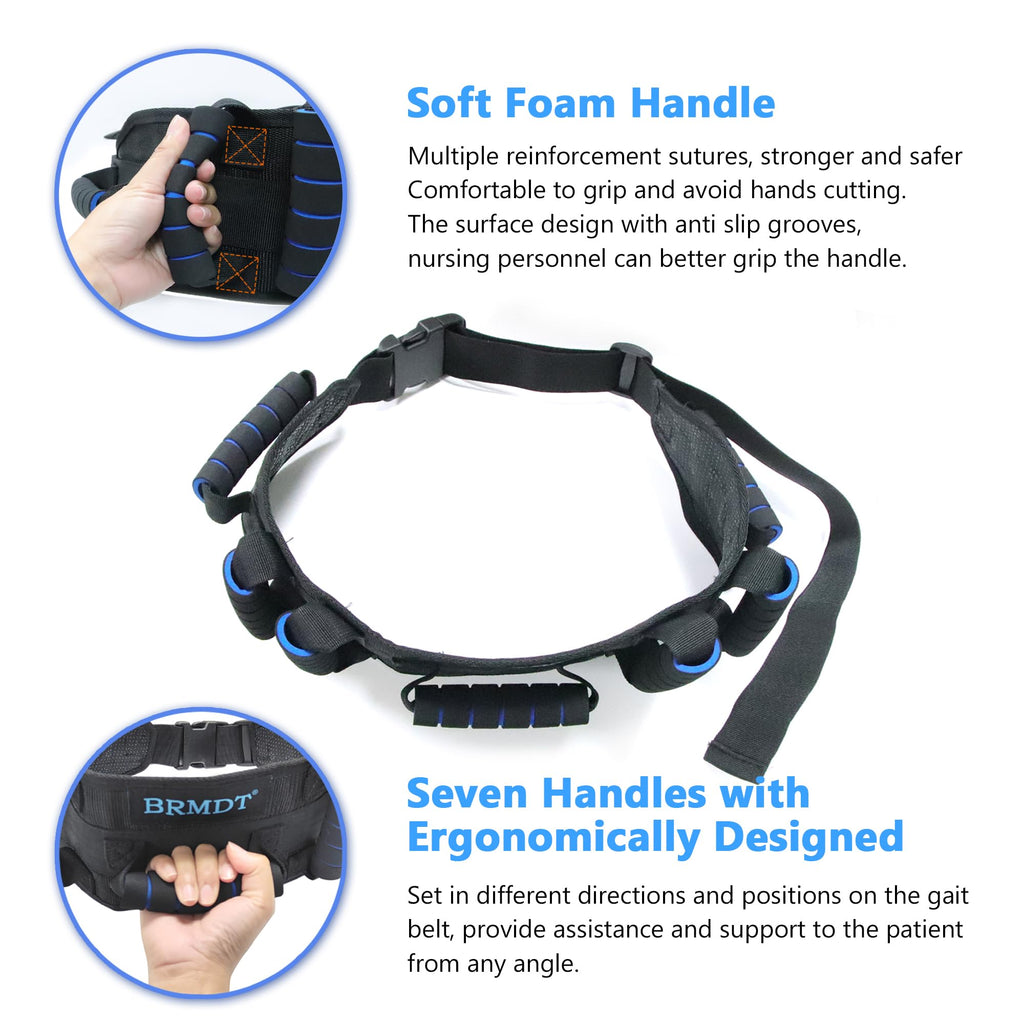 BRMDT Gait Belt Transfer Belts for Seniors, Adjustable Gate Belts Medical for Elderly and People with Limited Mobility, Comfortable 5.4" Wider Back Belt with 7 Ergonomic Handles (30.9"-55.9")