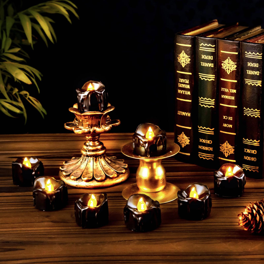 Windshell Black Tealight Candles with 6H Timer (No Remote), Melting Design (Plastic), Battery Operated LED Flameless Tea Lights for Party, Wedding, Halloween and Christmas, Pack of 12