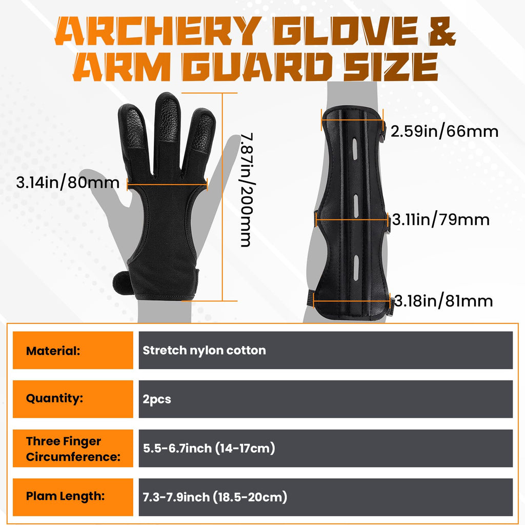 2 Pcs Archery Glove & Arm Guard Kit Leather PU Archery Bracer Three Finger Guard Protective Gear Accessories for Men Women & Youth