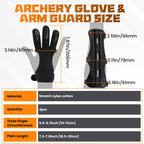 2 Pcs Archery Glove & Arm Guard Kit Leather PU Archery Bracer Three Finger Guard Protective Gear Accessories for Men Women & Youth