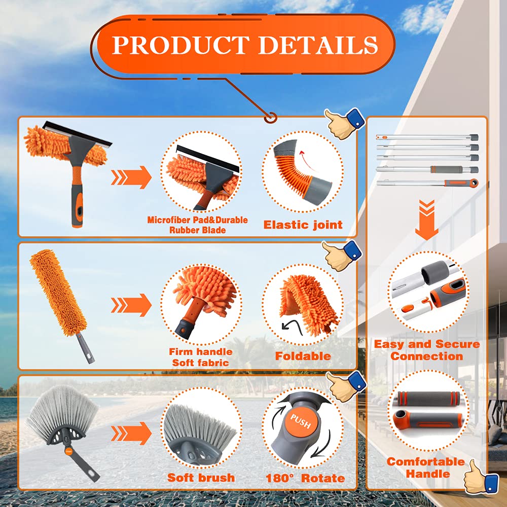 Window Squeegee Kit, High Dusters for Cleaning and Window Cleaning Kit with Telescopic Pole, Window Washer &Squeegee, Cleaning Duster and Feather Dusters