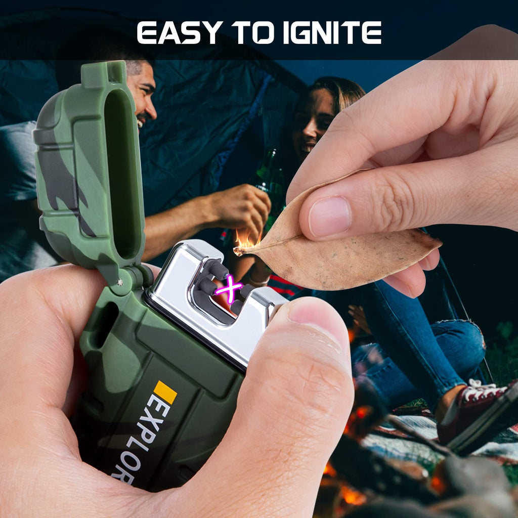 Electric Dual Arc Lighter USB Rechargeable Outdoor Windproof Flameless Plasma Lighters for Camping, Hiking, Waterproof Matches Survival Tactical Gear Fathers Day Dad Gifts Birthday Gifts for Men