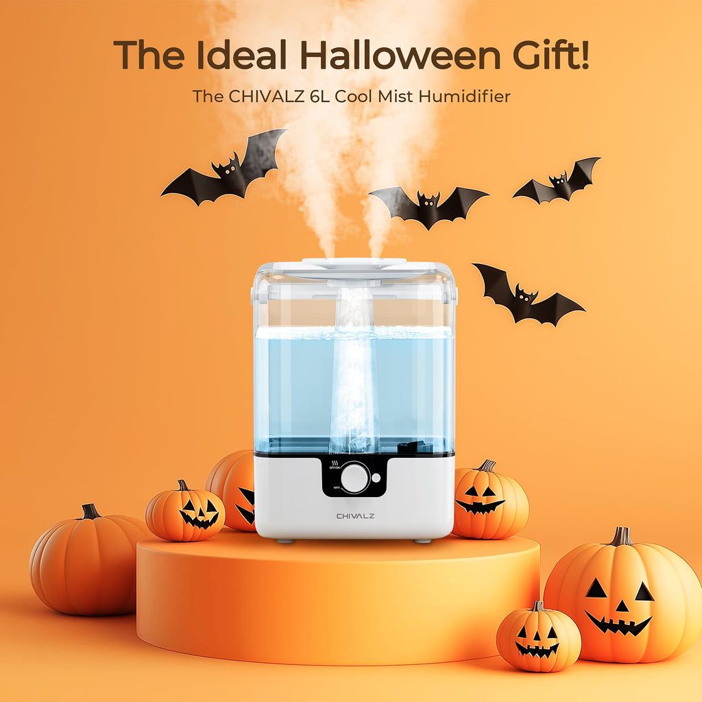 6L Humidifiers for Bedroom Large Room Home, CHIVALZ Cool Mist Top Fill Humidifiers for Baby Nursery and Plants, 26dB Quiet, Nightlight, Up to 50 Hours, Oil Diffuser 1 Pack + 2 Mist Outlets White
