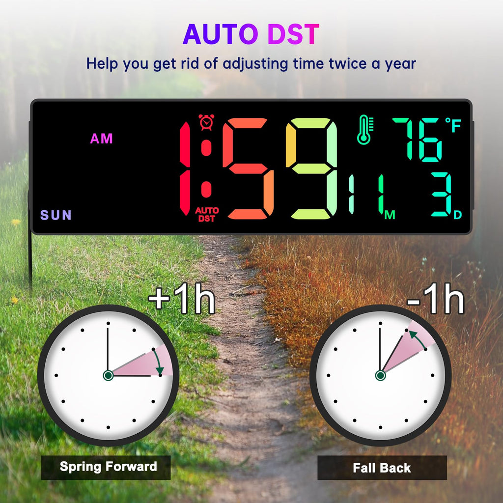 Soobest 14" Large Remote Digital Wall Clock with Timer for Living Room Home Gym, Plug in Big LED Electric Color Changing Clock with Date Day of Week Temperature Display for Elderly Seniors, Auto DST