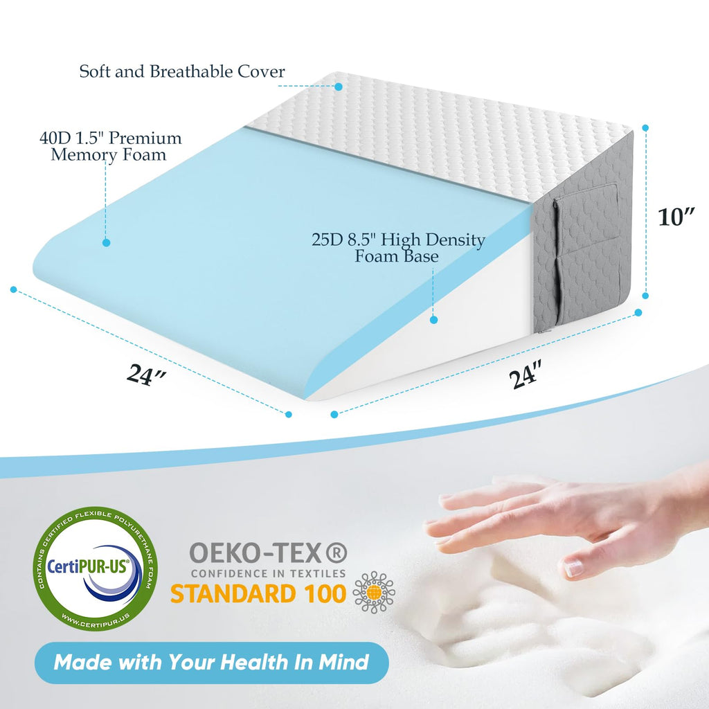Forias Wedge Pillow for Sleeping,10" Bed Wedge Pillow for After Surgery,Acid Reflux,Snoring,Memory Foam Top Triangle Pillow Wedge with Breathable Removable Cover