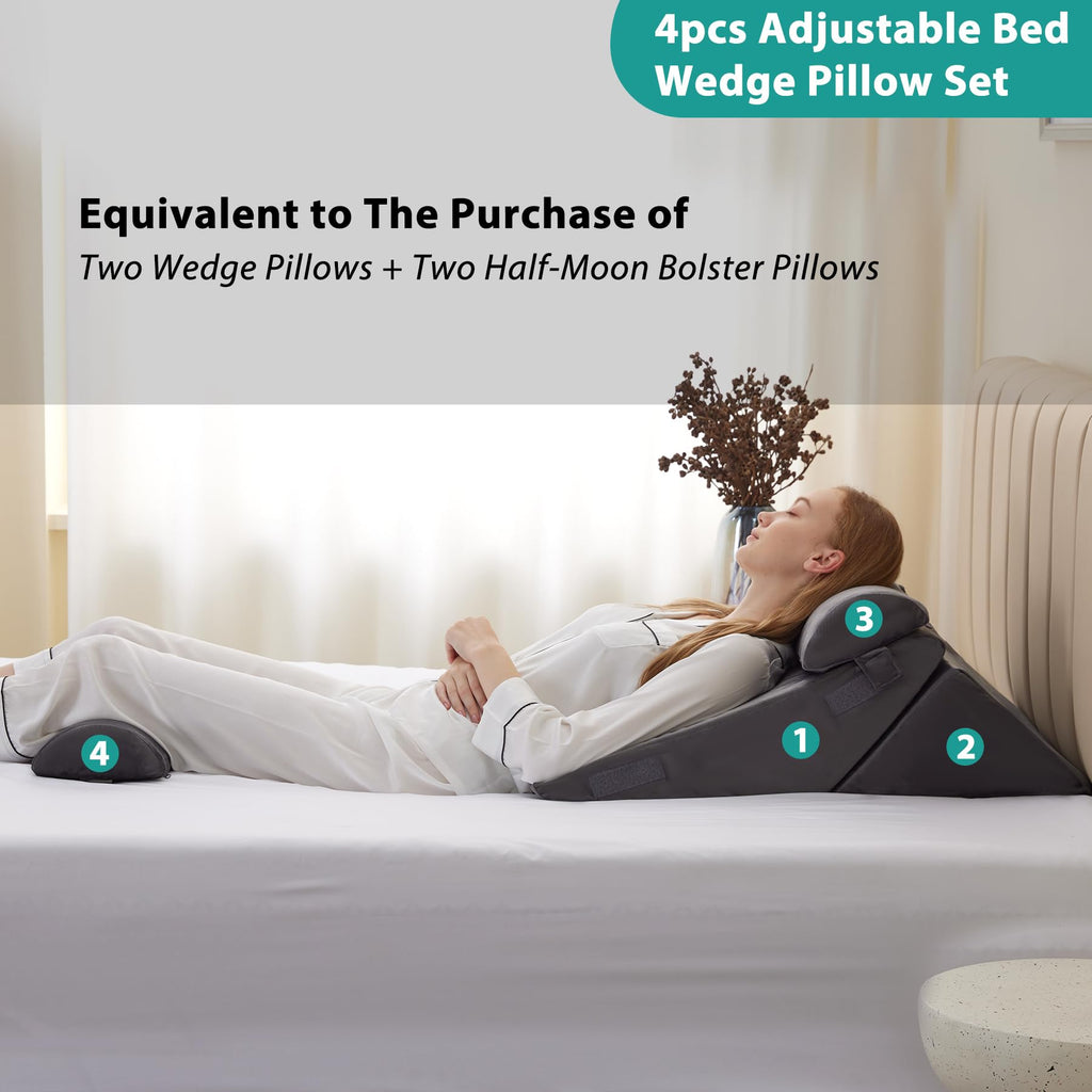 Bedluxe Adjustable 4pcs Bed Wedge Pillow Set, Memory Foam Wedge Pillow Post Surgery for Back, Neck, Leg Pain Relief, Pillow Wedge for Sleeping, Sitting up in Bed, Acid Reflux and GERD, Velvet