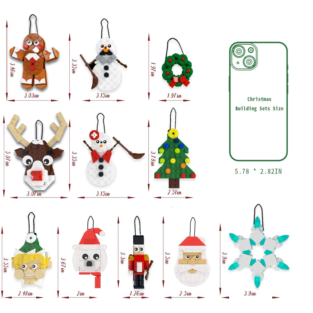 Christmas Ornaments Building Kit, Christmas Tree, Wreath, Santa, Snowman, Gingerbread, Reindeer, Nutcrackers, Snowflake 11-in-1. Stocking Stuffers Decor Toys Gifts for Boys Girls Kids.