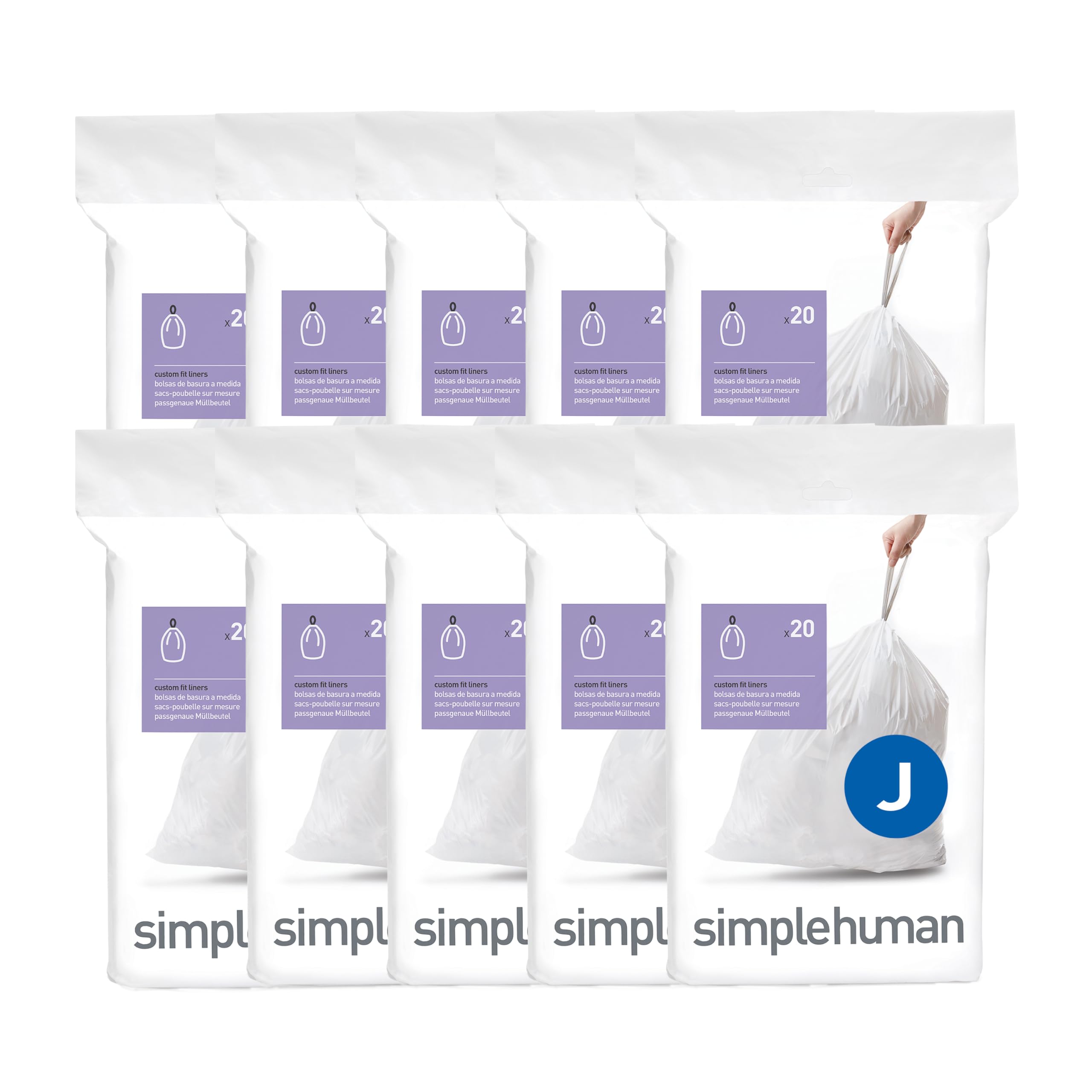 simplehuman Code J 200 Count, Genuine Custom Fit Liners, Drawstring Trash Bags in Dispenser Packs, 30-45 Liter / 8-12 Gallon, White