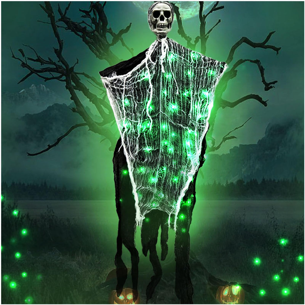 Halloween Decorations Outdoor Scary Hanging Ghosts Come with 60 LED Lights, Halloween Ghost Decor Outdoor, Indoor, Halloween Party, Balcony, Porch, Wall - Green Light
