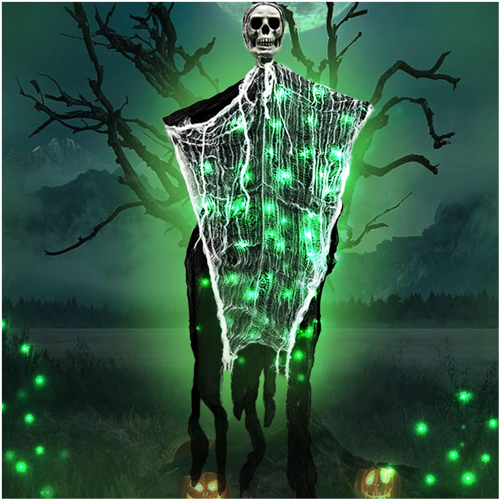 Halloween Decorations Outdoor Scary Hanging Ghosts Come with 60 LED Lights, Halloween Ghost Decor Outdoor, Indoor, Halloween Party, Balcony, Porch, Wall - Green Light