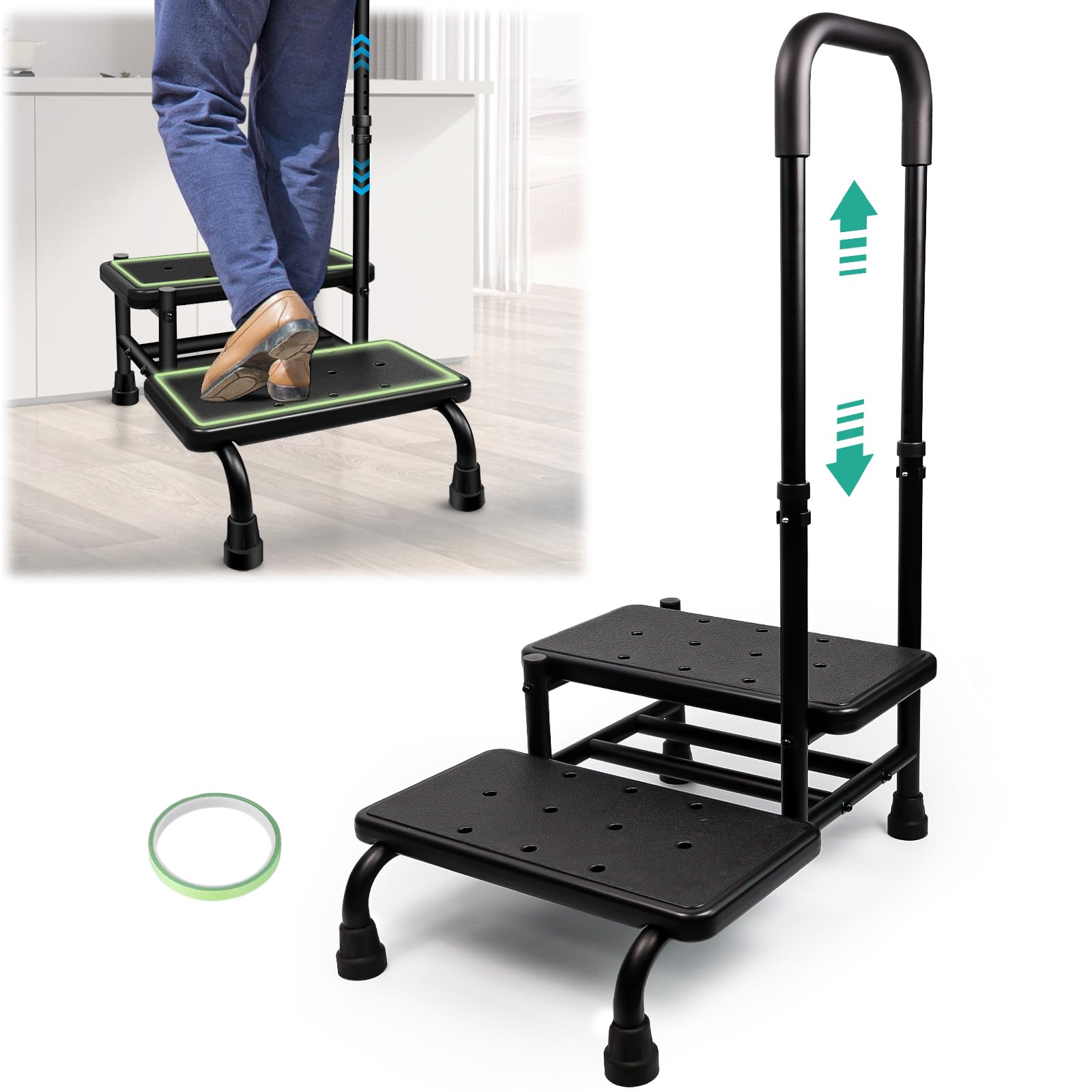 Gyykzz 2 Step Stool with Handle for Elderly, Heavy Duty Medical Step Stool with Adjustable Handrail and Non-Slid Platform for Adults, Seniors and Handicap, Bed Steps for High Beds Holds up to 400LBS