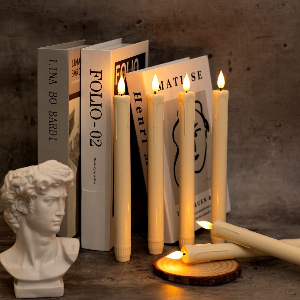 Homemory 6 Pcs Flameless Taper Candles with Remote, Timer, Dimmer, Ivory Battery Operated CandleSticks with Flickering Light, Plastic Led Window Candles, 9.6 Inches for Halloween Christmas Decoration