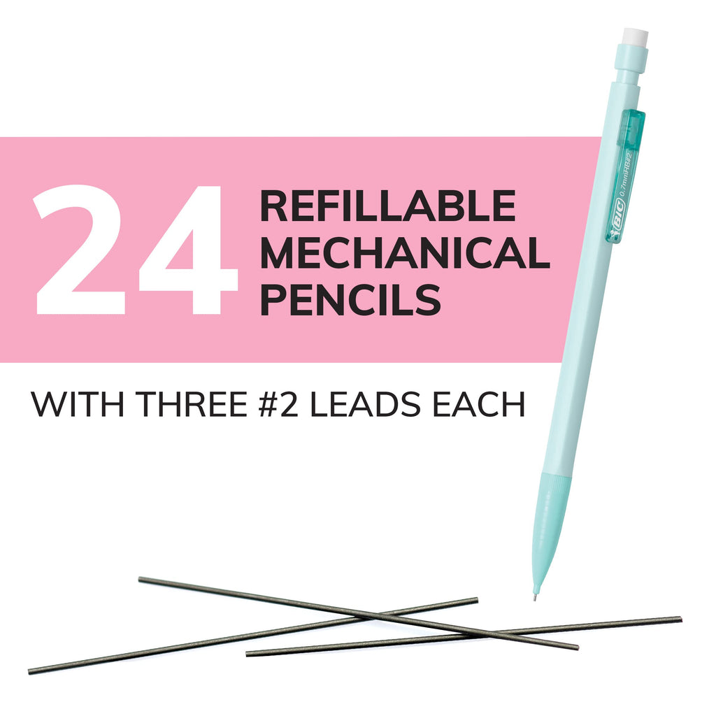 Xtra-Smooth Pastel Mechanical Pencils with Erasers, Medium Point (0.7mm), 24-Count Pack, Bulk Mechanical Pencils for School or Office Supplies