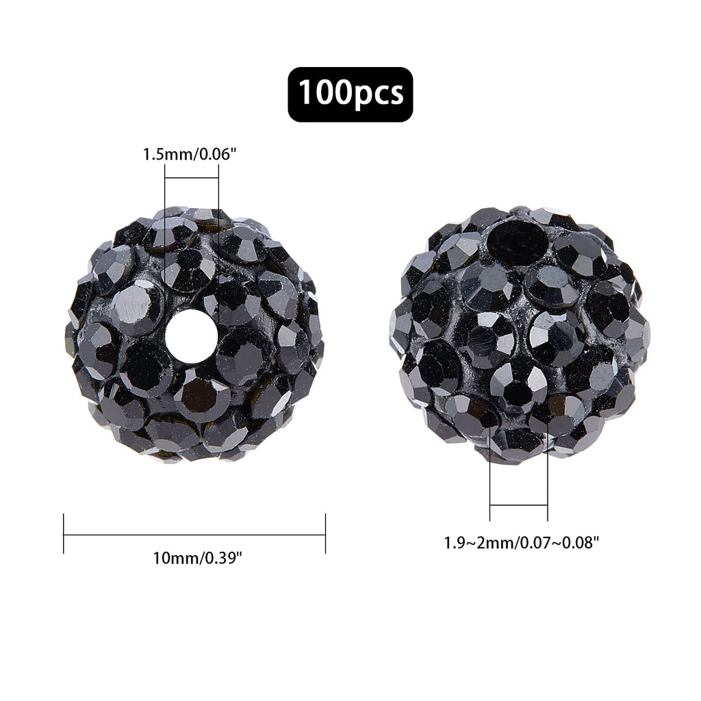 PH PandaHall 100pcs 10mm Black Rhinestones Beads Pave Disco Ball Clay Beads, Polymer Clay Rhinestone Beads Round Crystal Beads for Bracelet Necklace Earring Jewelry Making Halloween Christmas Decor