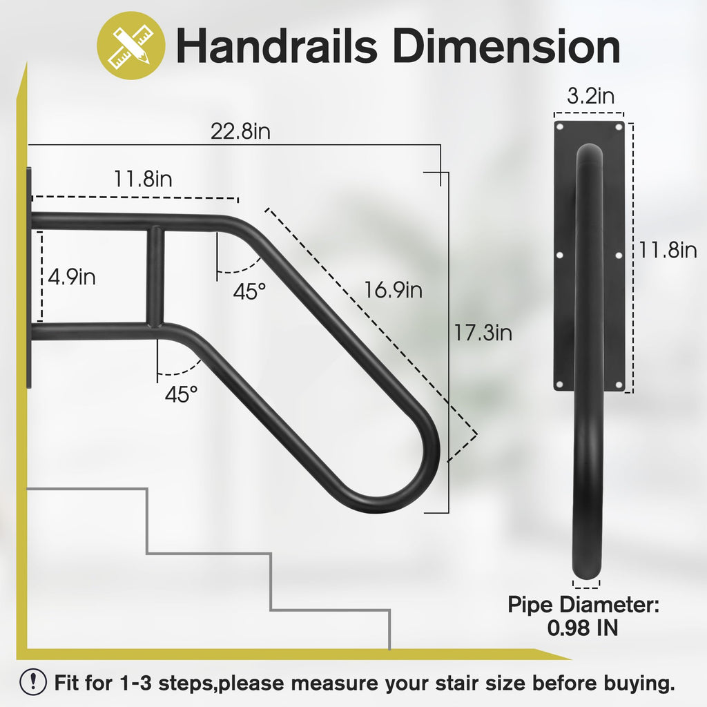 Auroras Hand Rails for Outdoor Steps, 28.7" Outdoor Handrail - Auroras Wall Mount Handrail, Handrail for 1-3 Steps, U-Shaped Handrails for Kids, Elderly, Pregnant Women, Disabled (Black)