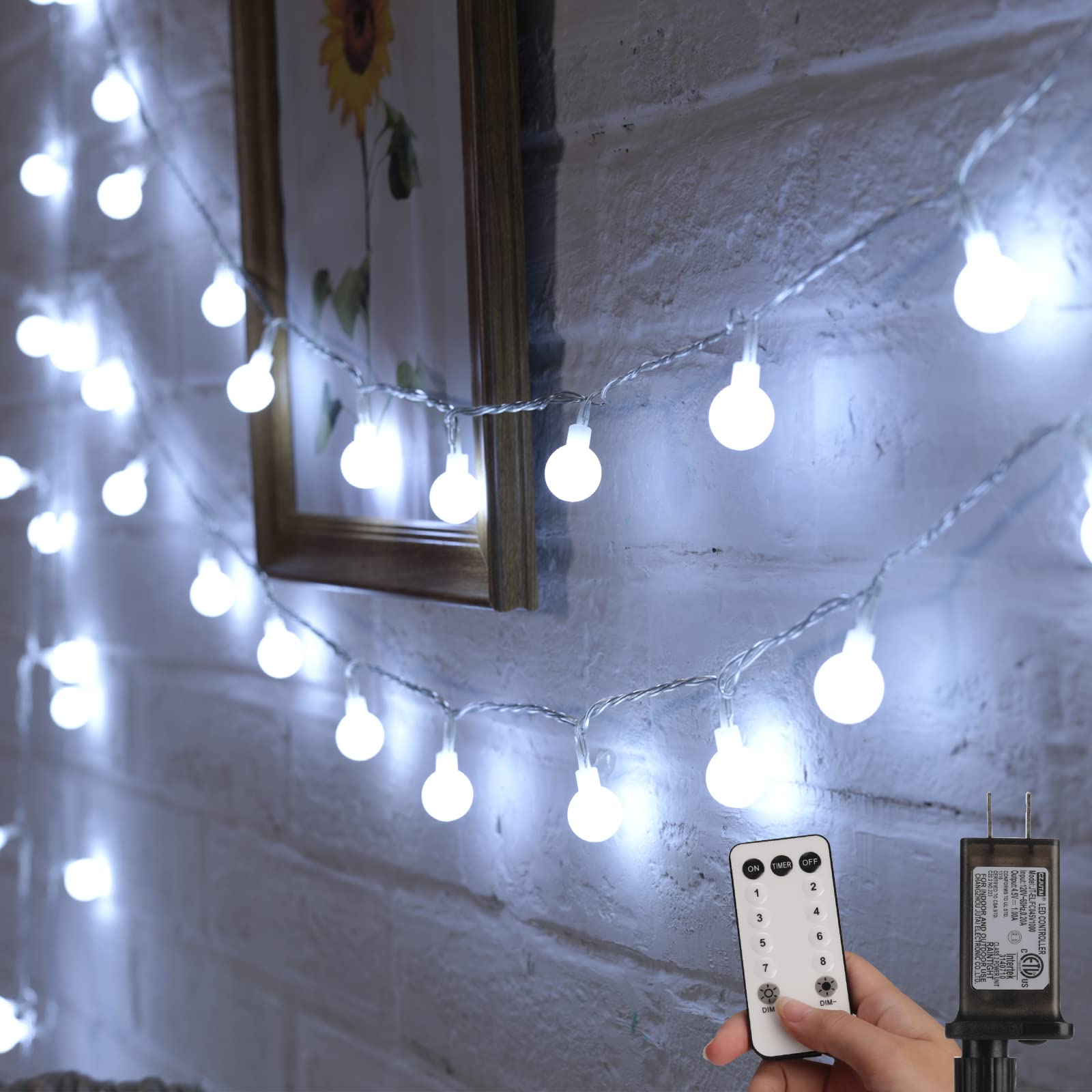 Minetom 66 Feet 200 Led Globe Ball String Lights, Fairy String Lights Plug in with Remote, Waterproof Globe String Lights for Indoor Outdoor Party Wedding Christmas Tree Garden Decoration, Pure White