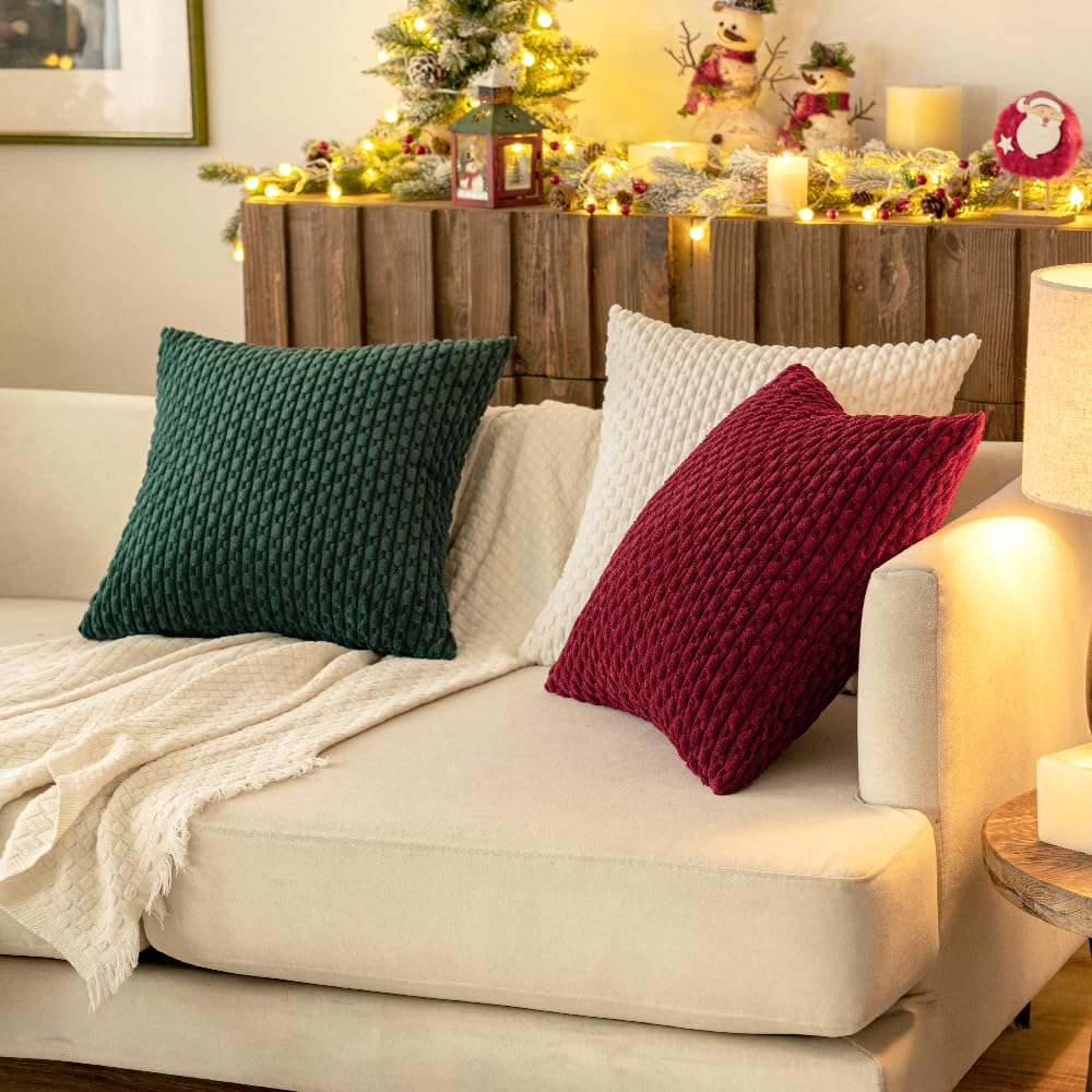 MIULEE Throw Pillow Covers Soft Corduroy Decorative Set of 2 Boho Striped Pillow Covers Pillowcases Farmhouse Home Decor for Christmas Couch Bed Sofa Living Room 18x18 Inch Wine Red