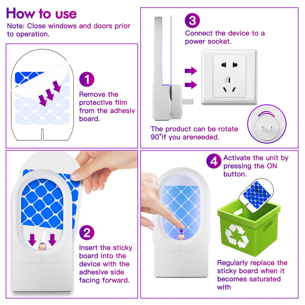 Flying Insect Trap 20PCS Glue Boards - Mosquito Killer Indoor - Gnat, Moth, Fruit Flies, Fly Traps - Attractant Catcher with UV LED Light and Plug in - Bug Zapper for Indoors, Home, Office - 2 PCS