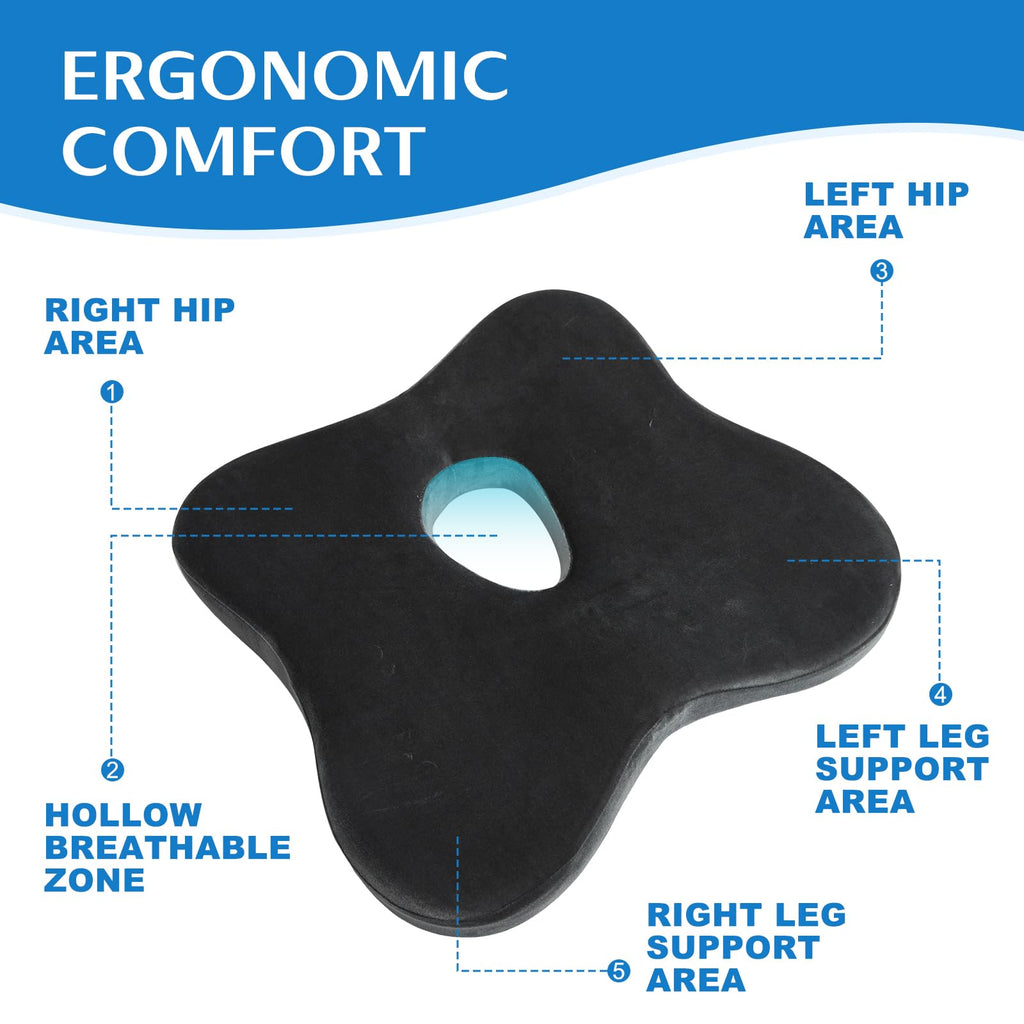 RKADIR Ergonomic Memory Foam Seat Cushion for Office Chair & Car Seat,Relieves Sciatica,Sedentary Not Numb Coccyx Support Pillow,Pressure Relief Cushion for Back Pain & Tailbone Pain (Black Gray)