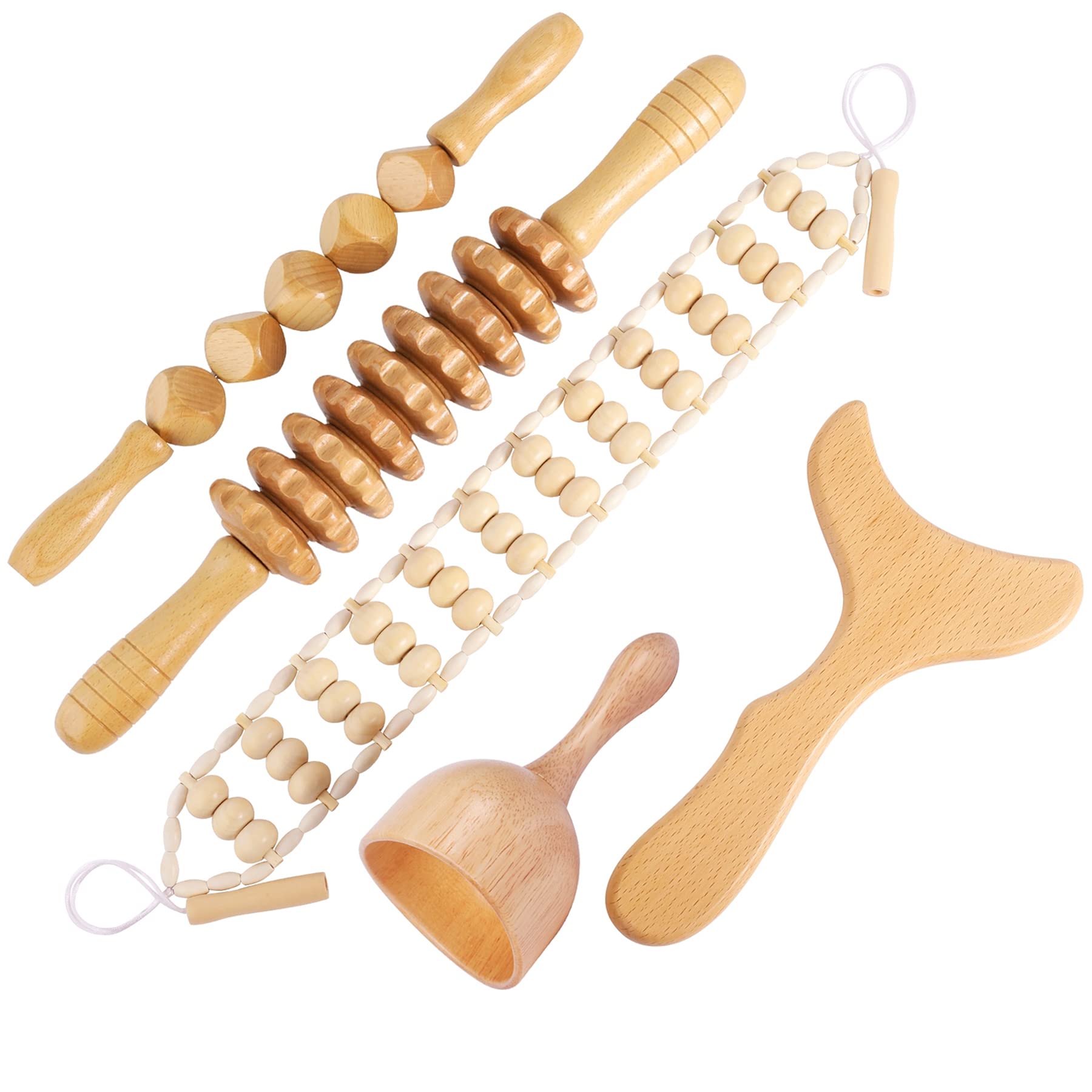 OYHMC Wood Therapy Massage Tools Professional Maderoterapia Kit Body Sculpting Tools for Lymphatic Drainage and Anti-Cellulite.Wood Massager Roller Rpoe for Back and Muscle Pain Relief (5pcs)