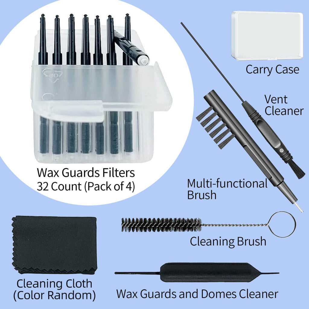 (4 Packs) Hearing Aid Wax Guard Filters (32 Units) Replacement Wax Cerumen Stop Wax Traps for Phonak, Widex, Unitron and Resound - 5 pieces Hearing Aid Cleaning Kit Accessories with Carry Case