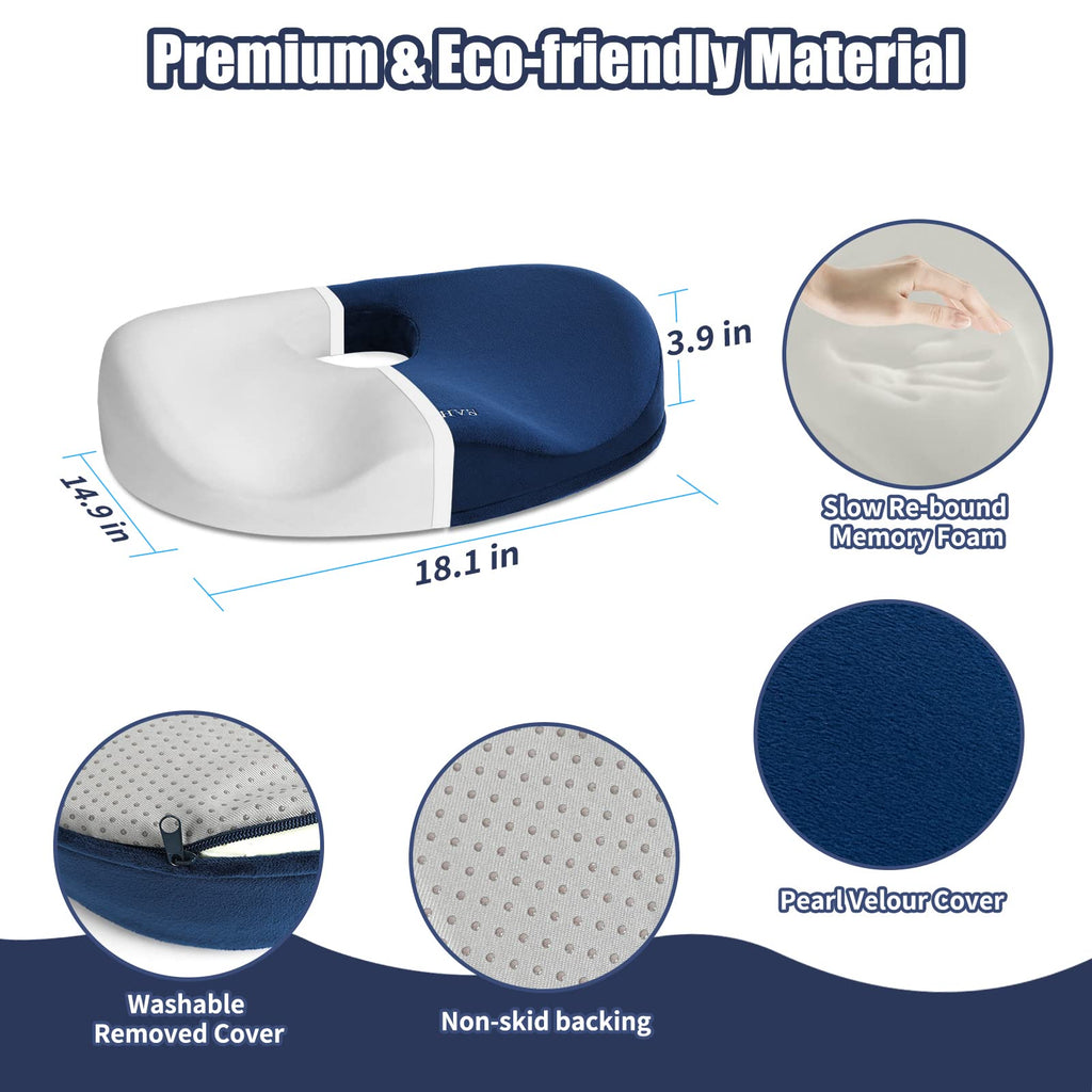 SAHEYER Donut Pillow for Tailbone Pain Relief and Hemorrhoids, Memory Foam Donut Cushion for Sciatica Nerve, Seat Cushion Butt Pillow for Men Women at Home Office Chair Car Long Sitting Comfort, Blue