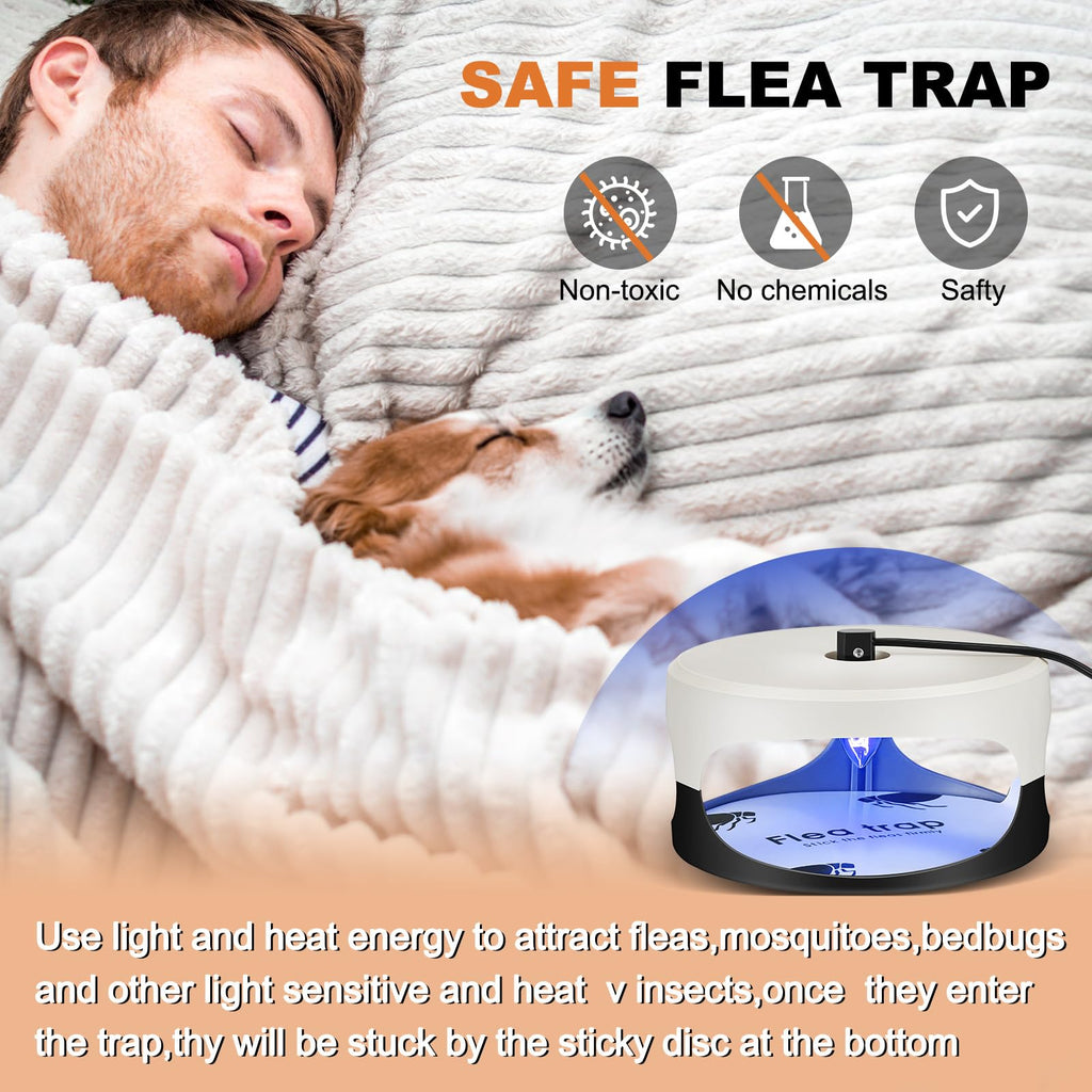 Qualirey 4 Pieces Flea Traps with 8 Sticky Disc 12 Bulbs 4 Electric Wires Flea Traps for Inside Your Home Safe Flea Light Trap for Indoor Safe to Pets and Kids (Black, White, UV Flea Trap)