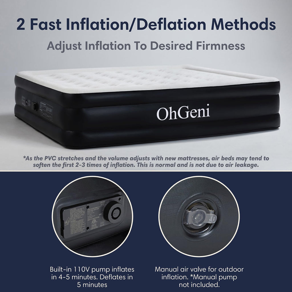 OhGeni Queen Air Mattress with Built in Pump, Blow Up Colchones Inflables Mattress for Guests, Foldable Portable Air Mattresses with Carrying Bag, 18" Raised Elevated Air Bed for Camping,Black Airbed