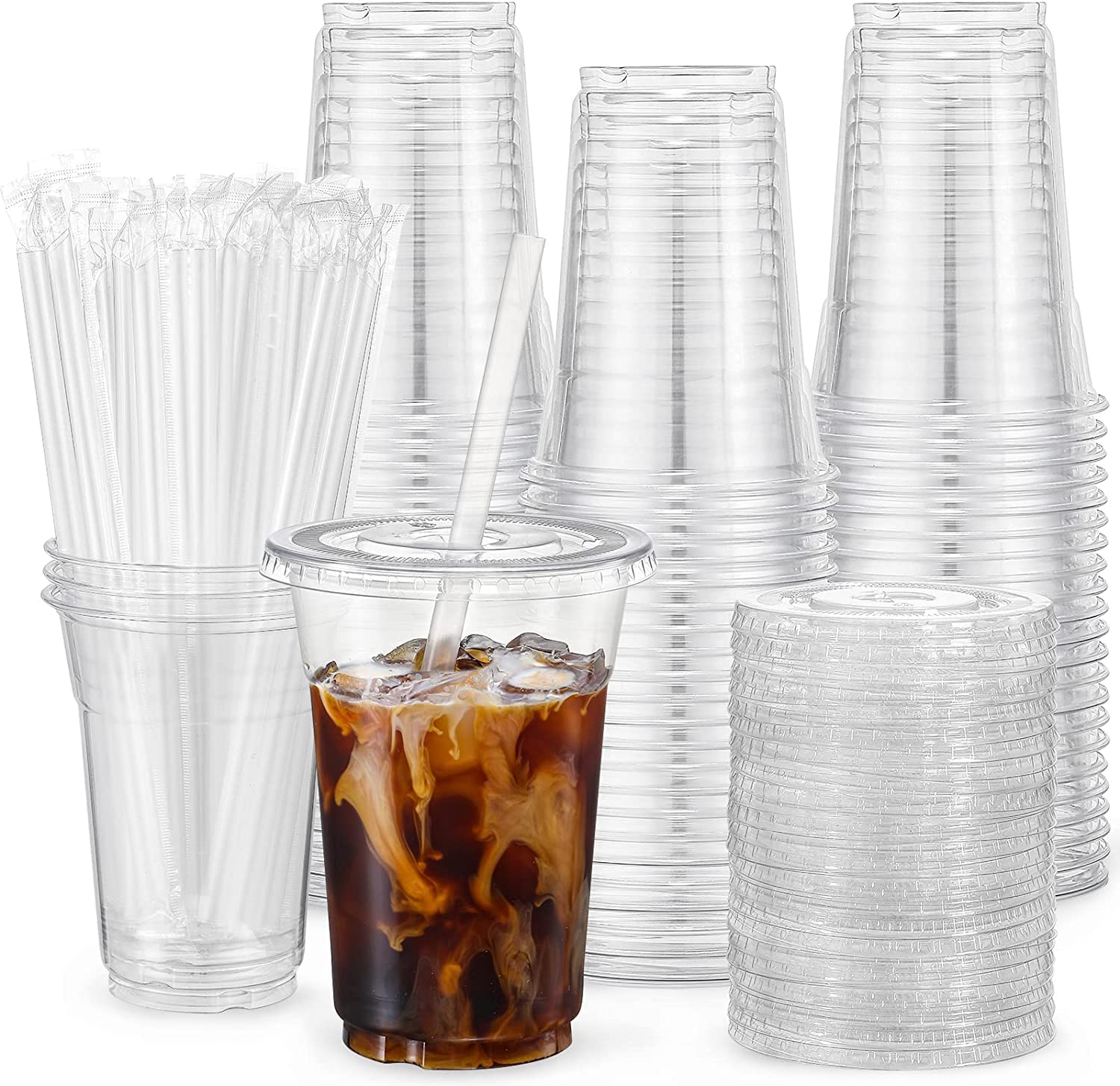 VITEVER [100 Sets - 20oz] Clear Plastic Cups with Lids and Straws, Disposable Cups for Iced Coffee, Smoothie, Milkshake, Cold Drinks