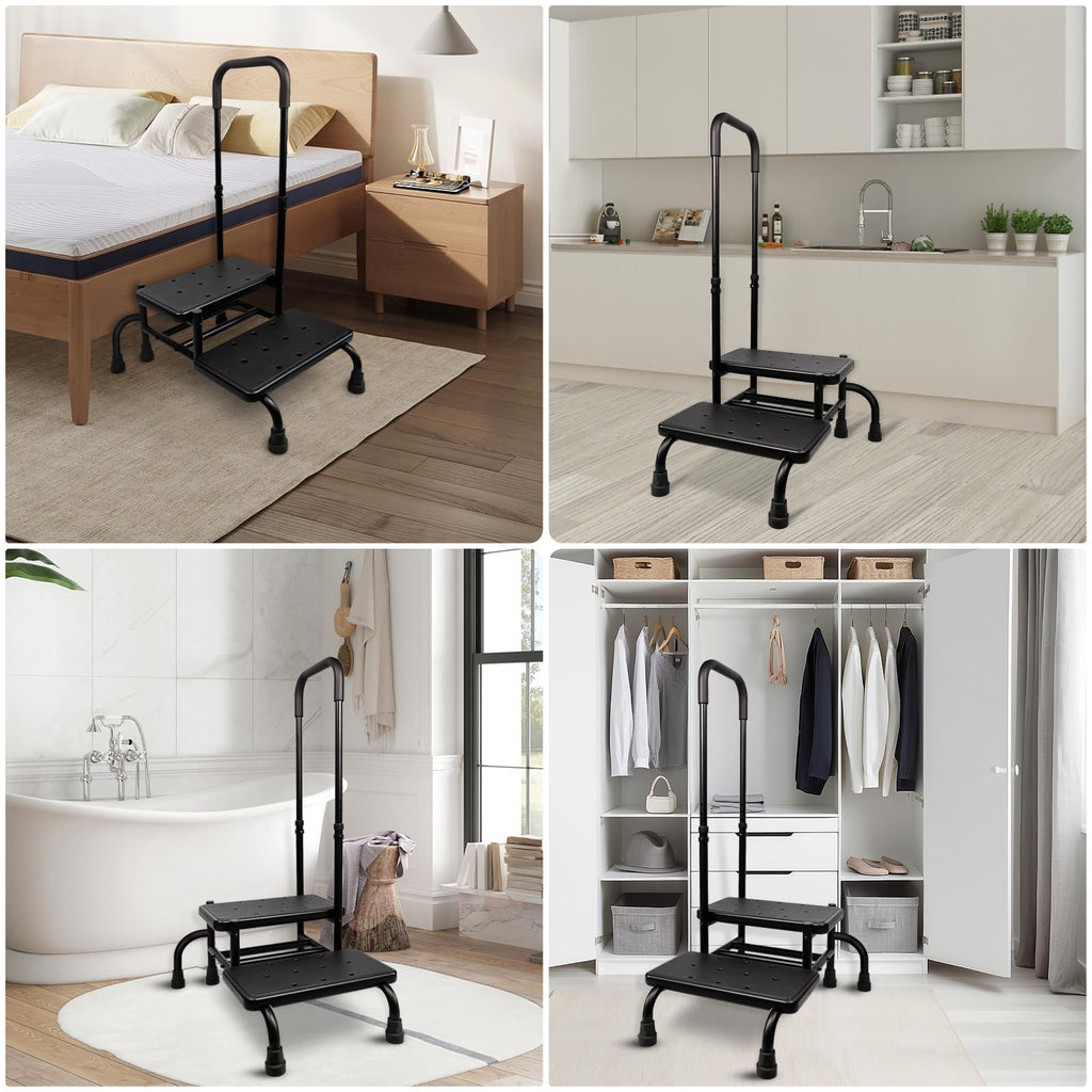 UFIZZY 2 Step Stool with Handle for Elderly with 5 Legs, Heavy Duty Bedside Step Stool for Seniors Adults, Medical Foot Stool with Adjustable Handrail for Kitchen, Bathtub, RV, Holds up to 400LBS