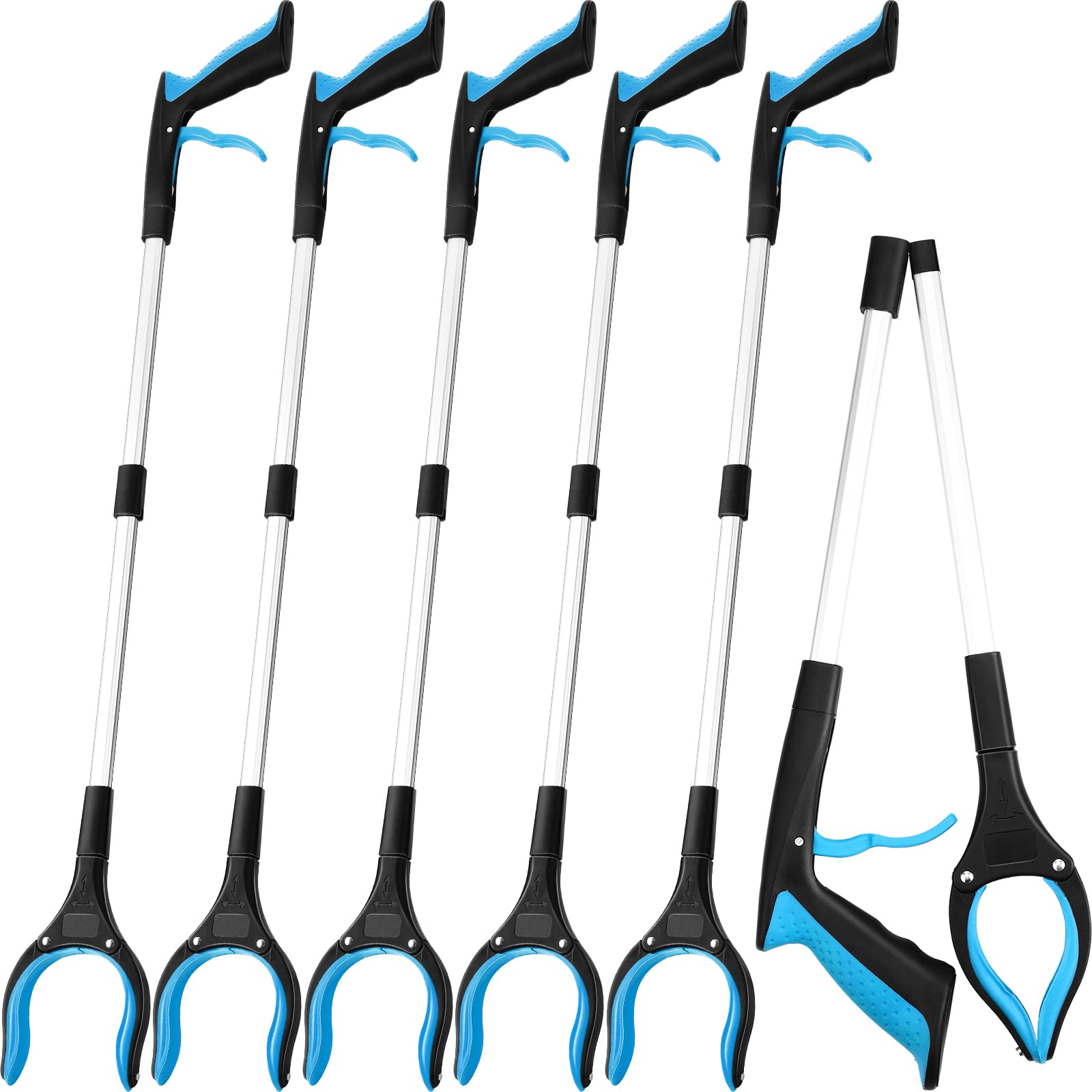 6 Pack Trash Grabber Reacher Tool for Elderly, 32" Foldable Trash Picker Upper Grabber Long Handy Mobility Aids Lightweight Reaching Tool for Pick Up Stick Arm Extension Litter Claw Picker (Blue)
