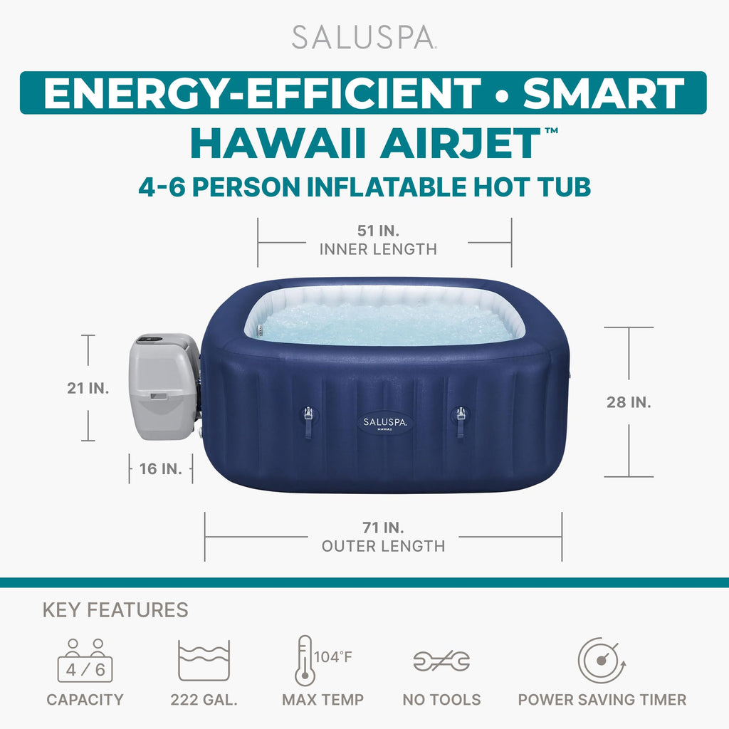 Bestway SaluSpa Hawaii 4 to 6 Person Inflatable Hot Tub, Square Energy-Efficient Portable Outdoor Spa with 140 AirJets, 71" x 28"