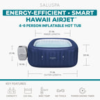 Bestway SaluSpa Hawaii 4 to 6 Person Inflatable Hot Tub, Square Energy-Efficient Portable Outdoor Spa with 140 AirJets, 71" x 28"