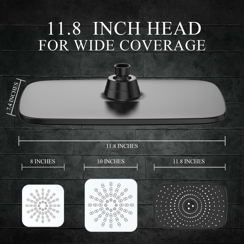 Veken 11.8 Inch High Pressure Rain Shower Head Combo with Extension Arm- Wide Showerhead with 5 Handheld Water Spray - Adjustable Dual Showerhead with Anti-Clog Nozzles - Matte Black