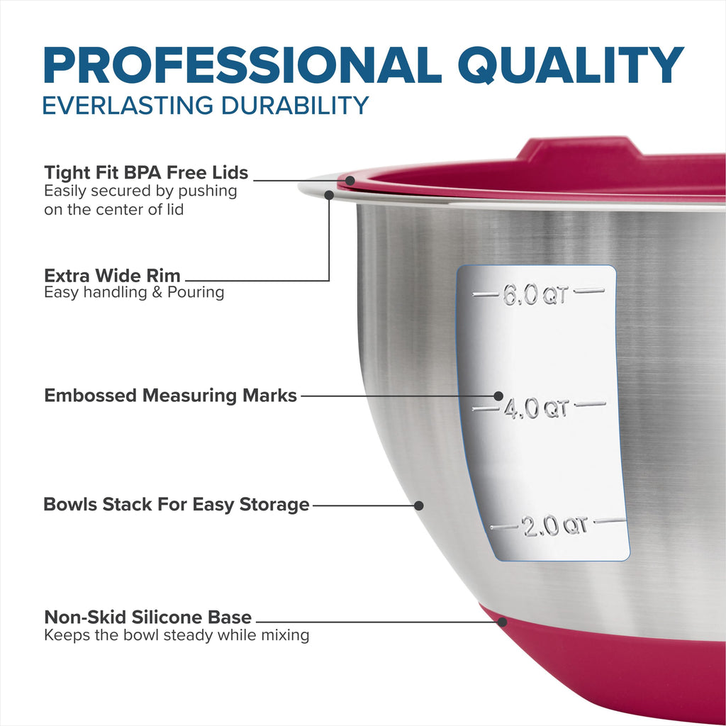 Viking Mixing Bowls Set, 10 Piece Stainless Steel Kitchen Cookware, Non-Slip Silicone Base, Includes Tight Fit Lids, Dishwasher Safe, Red