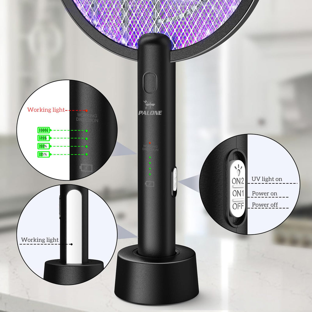 PALONE Electric Fly Swatter 4000V Bug Zapper Racket 2 in 1 Fly Swatter with 1200mAh Battery Rechargeable Mosquito Killer Lamp with 3 Layers Safety Mesh for Indoor and Outdoor (Black)