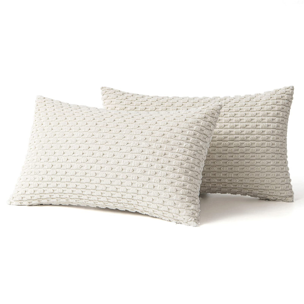 MIULEE Throw Pillow Covers Soft Corduroy Decorative Set of 2 Boho Striped Pillow Covers Pillowcases Farmhouse Home Decor for Christmas Couch Bed Sofa Living Room 12x20 Inch Cream White