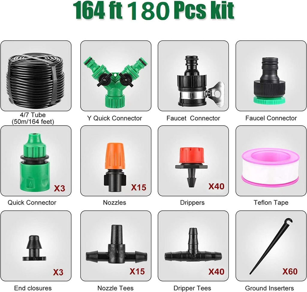 Drip Irrigation System, 180 Pcs 164FT Garden Irrigation System 1/4" Blank Distribution Tubing Watering Drip Kit Automatic Irrigation Equipment for Garden Greenhouse, Flower Bed,Patio,Lawn (164FT)