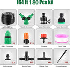 Drip Irrigation System, 180 Pcs 164FT Garden Irrigation System 1/4" Blank Distribution Tubing Watering Drip Kit Automatic Irrigation Equipment for Garden Greenhouse, Flower Bed,Patio,Lawn (164FT)