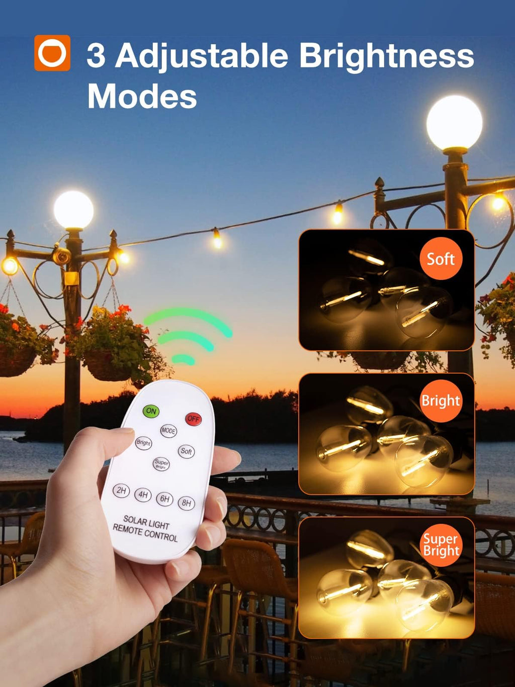 addlon 54(48+6) FT Solar String Lights Outdoor Waterproof with USB Port & Remote Control Solar Patio Lights Long Last for 20+Hrs Dimmable Solar Power LED Bulbs for Porch Garden Market Bistro
