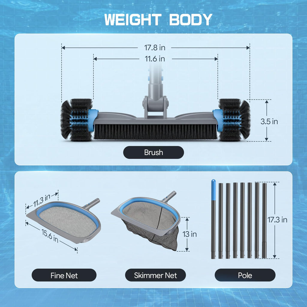 UIRWAY 4-in-1 Deluxe Swimming Pool Cleaning Kit - Includes Detachable Pool Brush, Heavy Duty Deep Leaf Skimmer Net, Fine Mesh Net, Extendable Aluminum Pole for Inground & Above Ground Pools Cleaning