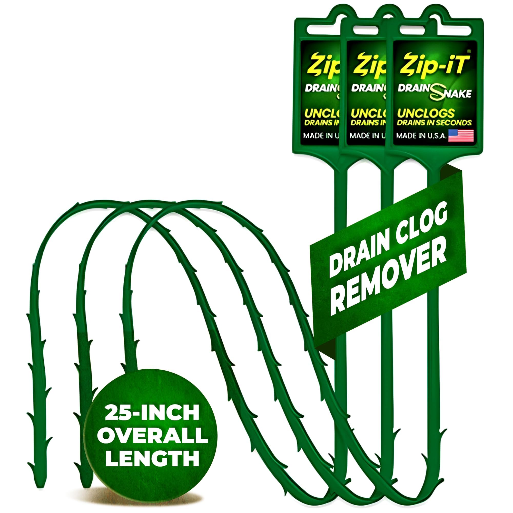 The original Zip-It Hair Clog Remover 25-inch Overall Length Drain Snake Cleaner (3-Pack), Unclog Your Sink, Shower, & Tub Drain In Seconds – Non-toxic, Made in the USA