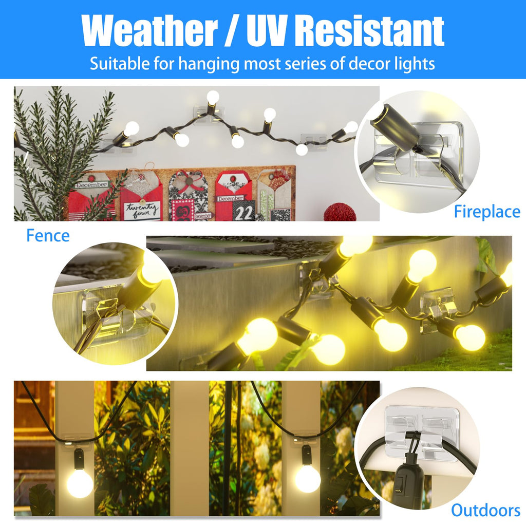 Keviyi Hooks for Outdoor String Lights Clips: 54Pcs Heavy Duty Cable Clips with Waterproof Adhesive Strips for Hanging Christmas Light - Outside UV-Resistant Clear Sticky Cord Holders Rope Organizer