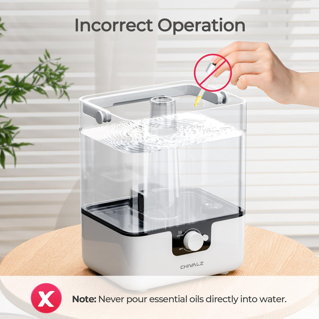 6L Humidifiers for Bedroom Large Room Home, CHIVALZ Cool Mist Top Fill Humidifiers for Baby Nursery and Plants, 26dB Quiet, Nightlight, Up to 50 Hours, Oil Diffuser 1 Pack + 2 Mist Outlets White